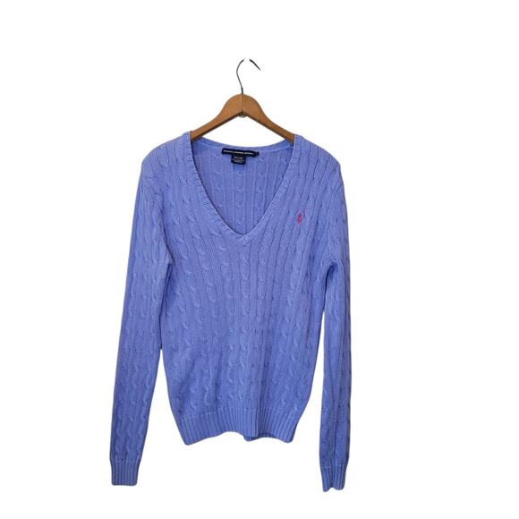 Ralph Lauren Sport Womens Blue Cotton V Neck Cable Knit Sweater Large Preppy - Picture 1 of 9
